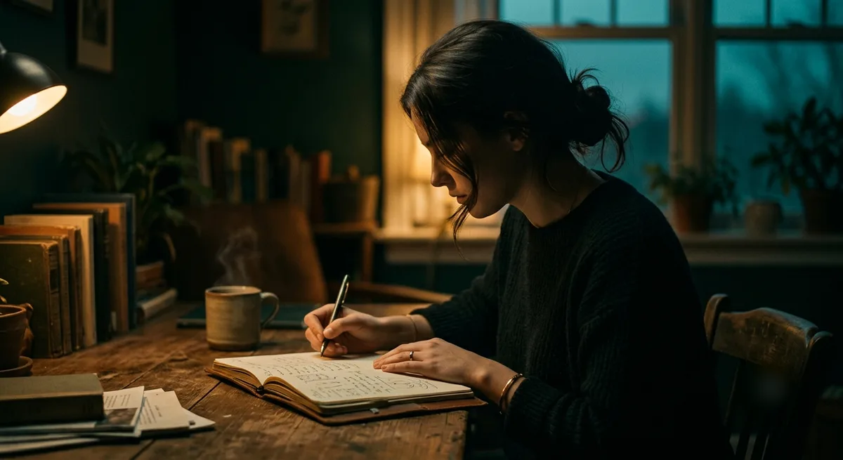 una donna scrive di getto su un diario aperto alla scrivania, illuminata da una lampada calda mentre fuori dalla finestra è già sera