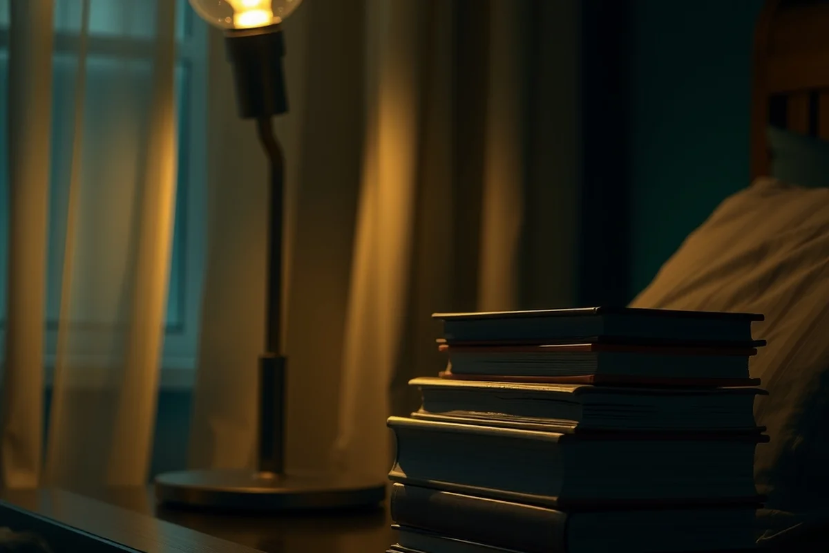 una pila di libri chiusi su un comodino accanto a una lampada accesa a luce calda, tende leggere davanti alla finestra di notte