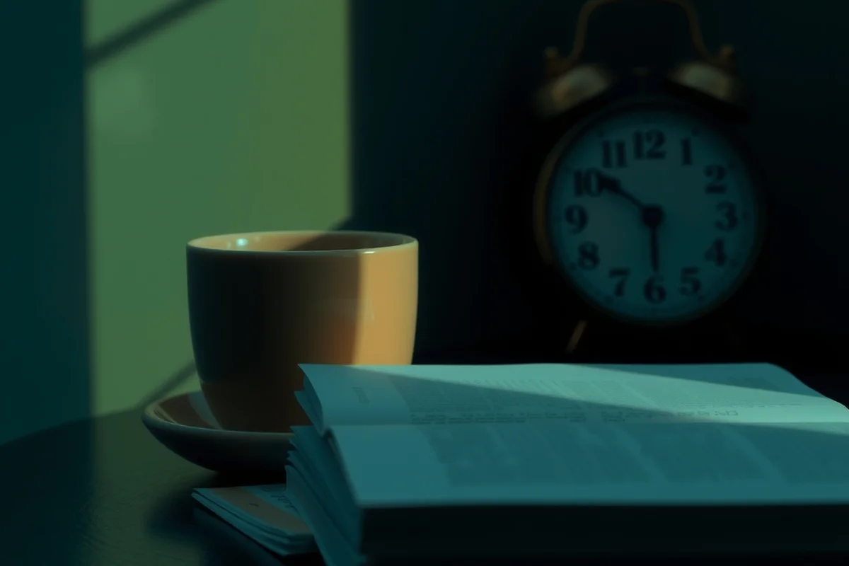 una tazza su un piattino accanto a una sveglia da tavolo e a un libro aperto, luce fioca del mattino