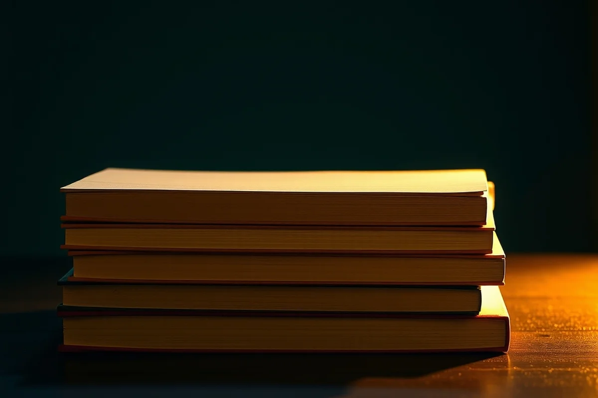 una pila di cinque libri chiusi vista dal taglio delle pagine, senza titoli visibili, su un tavolo di legno scuro con luce laterale calda