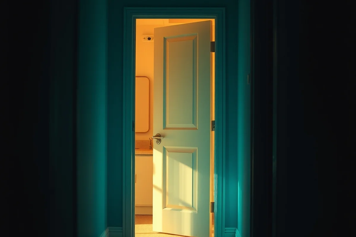 la porta della cameretta di un adolescente socchiusa, una luce calda che filtra da dentro in un corridoio in ombra verde-azzurra