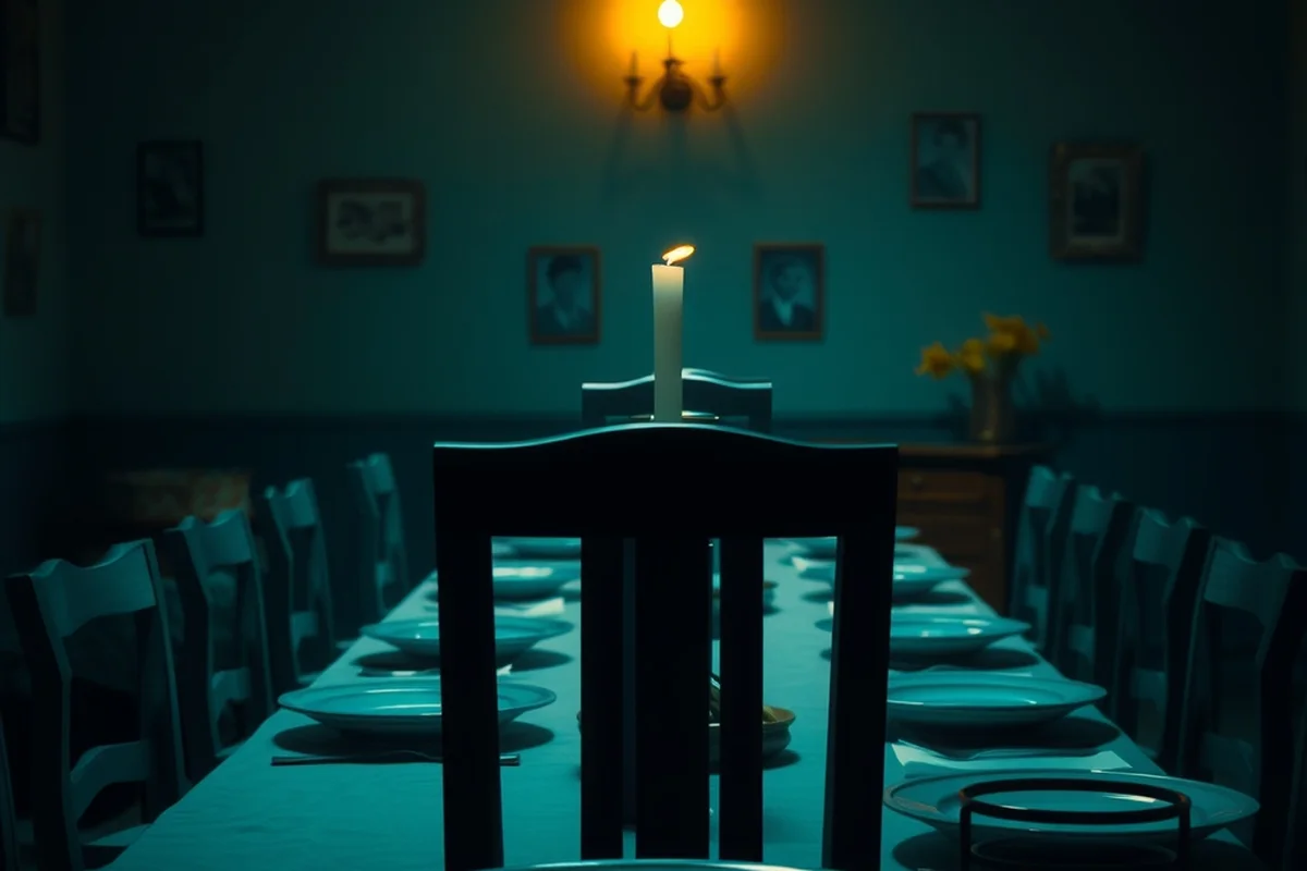 una tavola imbandita per una cena di famiglia con sedie vuote, luce calda di una candela al centro