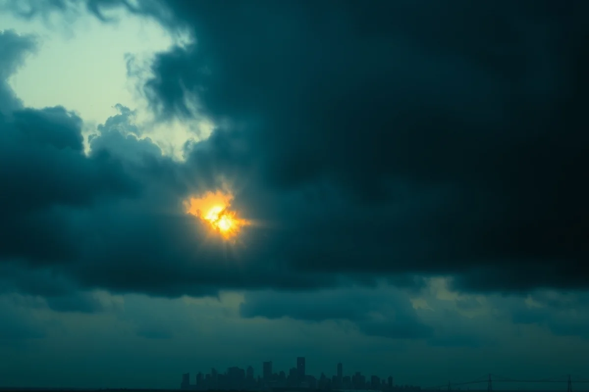 un cielo per metà nuvoloso e per metà sereno sopra un profilo urbano, un solo raggio di luce dorata che filtra da un lato