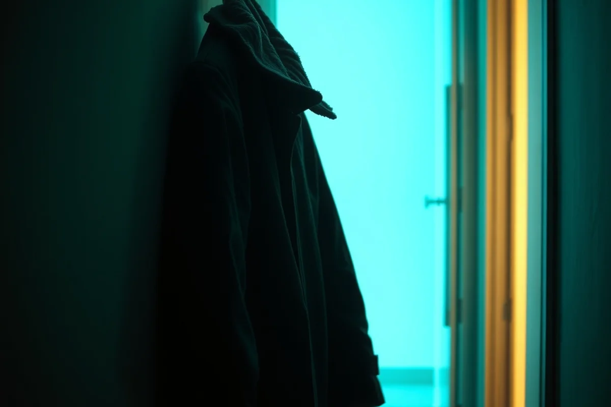 un cappotto pesante appeso da solo a un gancio a muro accanto a una porta in un corridoio in penombra, luce fredda nel corridoio e una striscia di luce calda sul bordo della porta