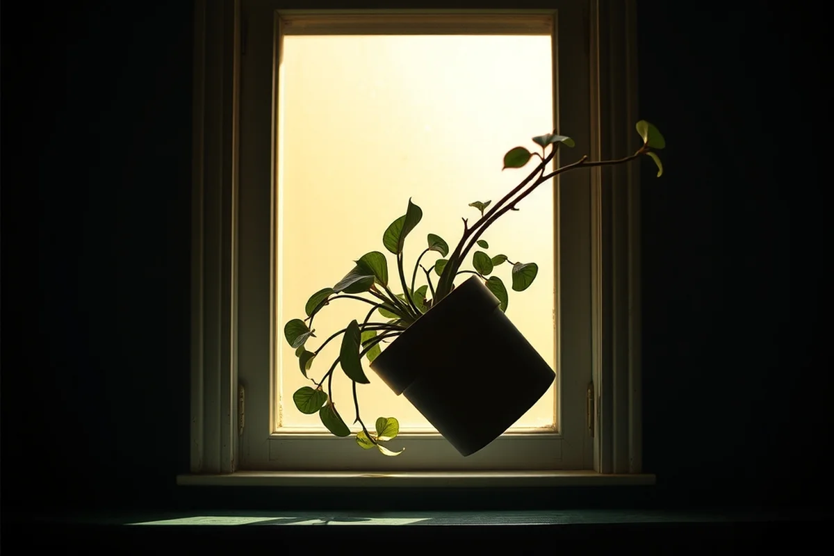 una pianta in vaso piegata verso una finestra luminosa, lo stelo teso e il vaso inclinato sul bordo di una mensola in ombra, con luce calda dalla finestra