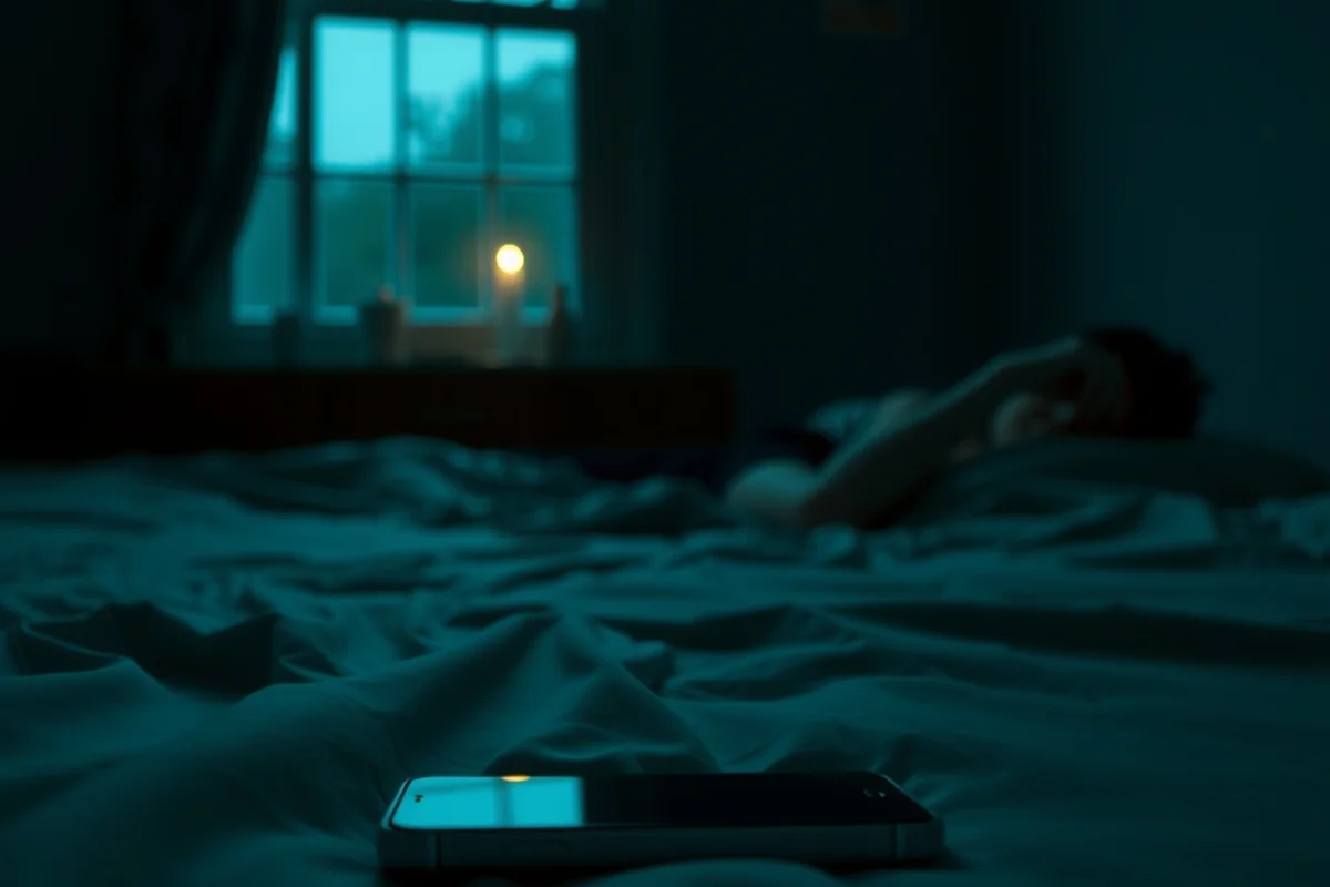 uno smartphone appoggiato a faccia in giù su un letto disfatto, luce serale da una finestra sullo sfondo