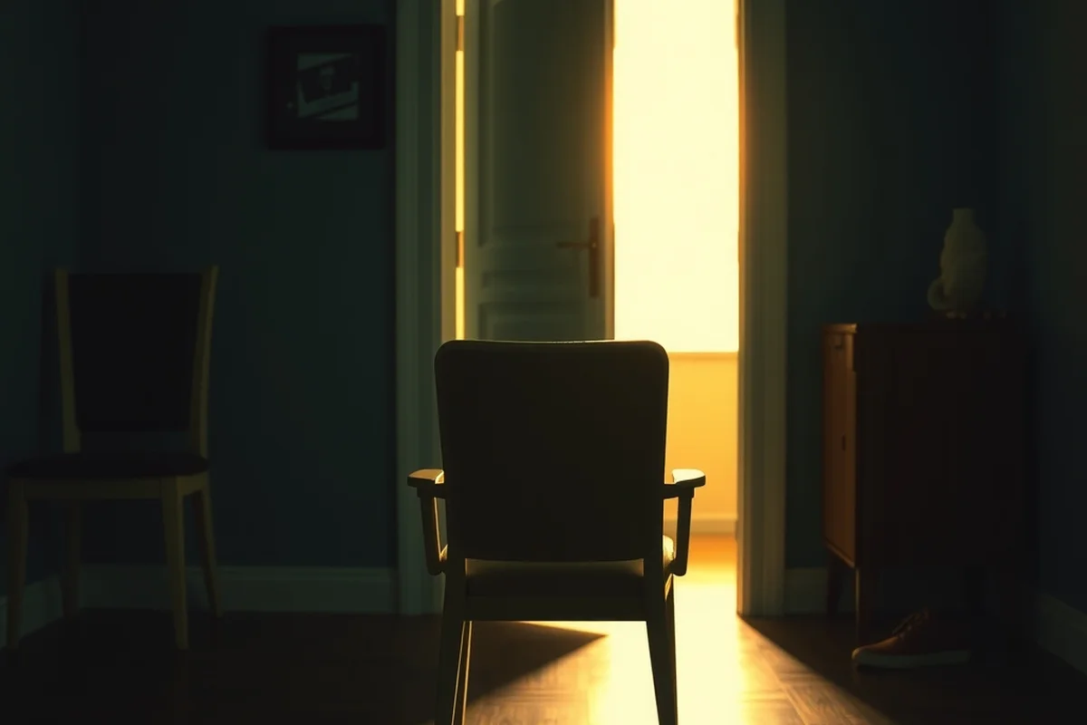 una sedia vuota rivolta verso una porta socchiusa da cui filtra una luce calda, la stanza in primo piano in penombra verde-azzurra