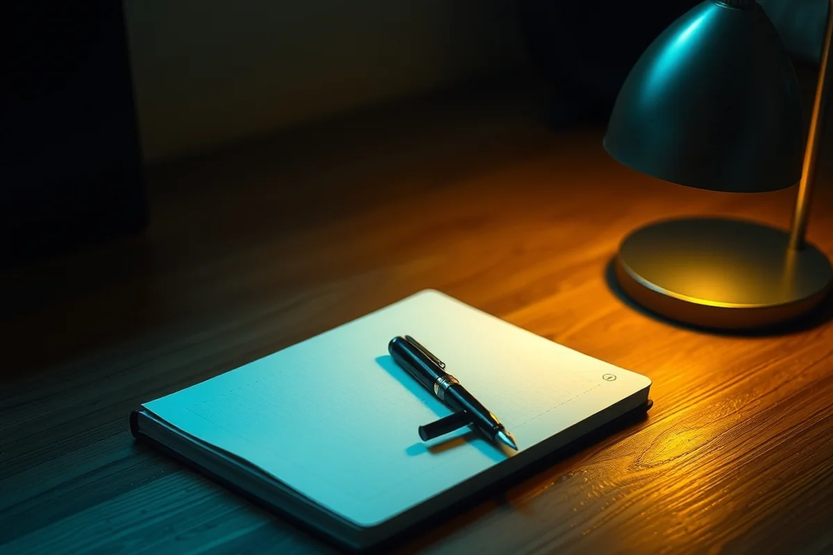 un taccuino chiuso con una penna stilografica appoggiata sopra, su una scrivania di legno, luce di una lampada da tavolo che vira dal blu-verde al dorato