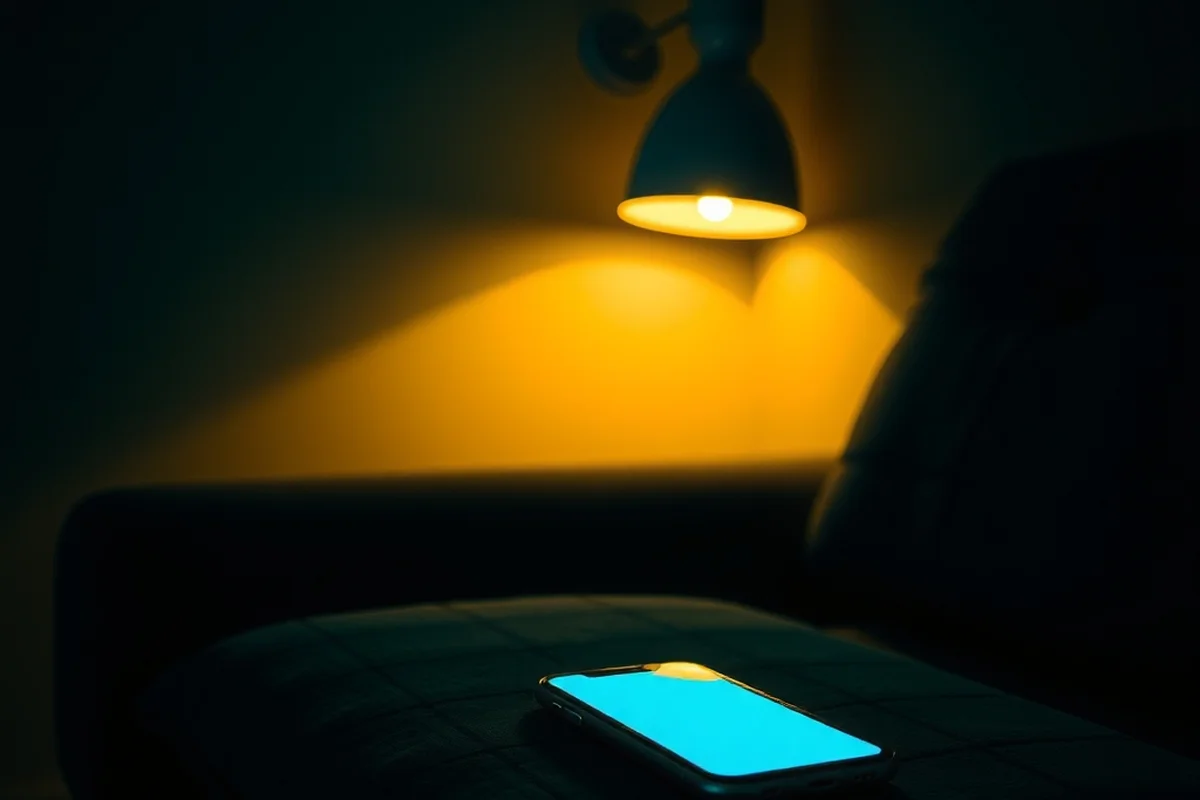 uno smartphone acceso su un divano buio, luce blu dello schermo a contrasto con una lampada calda sullo sfondo
