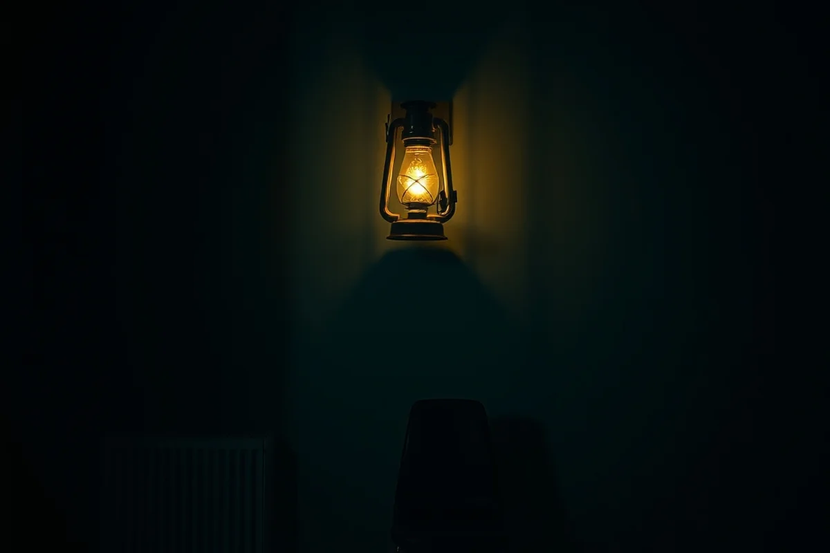una vecchia lanterna a gas accesa fioca su una parete al buio, la sua luce calda che illumina solo un piccolo cono, il resto della stanza in ombra