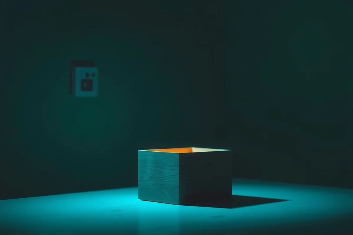 una scatola di legno lasciata socchiusa su un tavolo spoglio, una luce calda esce dal suo interno mentre il resto della stanza resta in ombra verde-azzurra