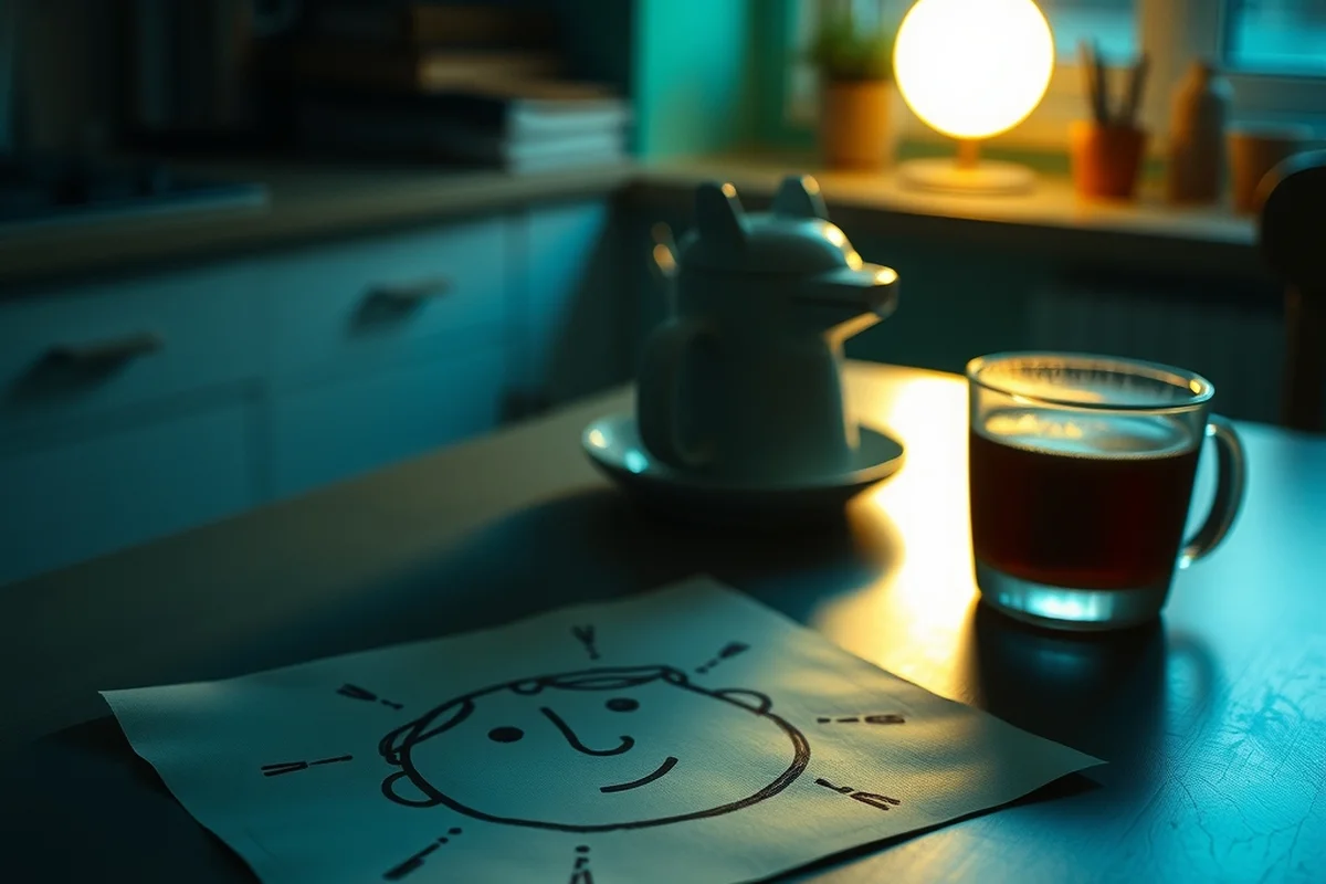 il disegno a matita di un viso perplesso su un foglio appoggiato su un tavolo di cucina, accanto a una tazza di tè
