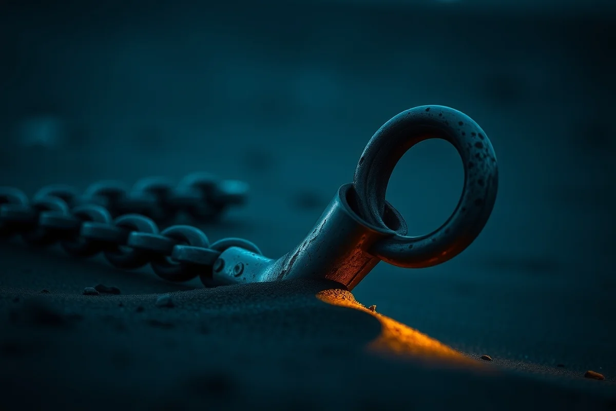 una pesante catena di ferro con un anello, mezzo sepolta nella sabbia bagnata di una spiaggia al crepuscolo
