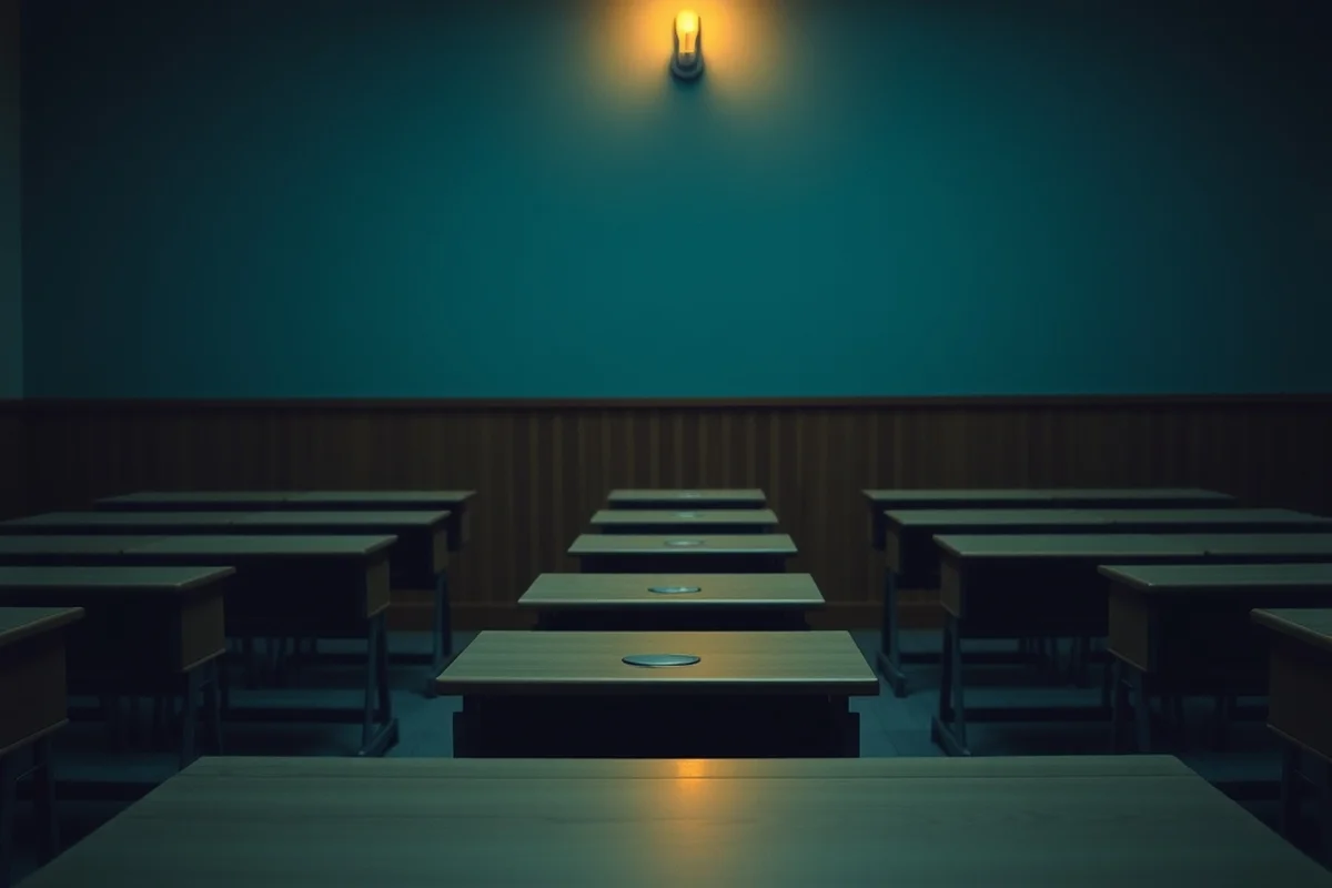 un'aula scolastica vuota con una cattedra illuminata da luce calda, banchi disposti in ombra sullo sfondo