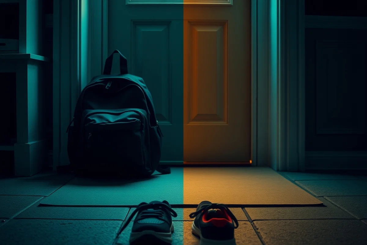 uno zainetto e un paio di scarpe da bambino appoggiati davanti a una porta, metà nella luce calda e metà nella luce fredda