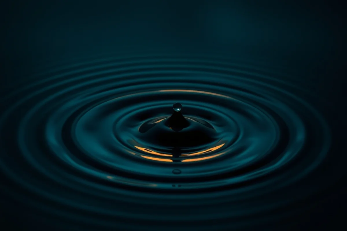 una goccia d'acqua colpisce una superficie scura e immobile, ampi cerchi concentrici si allargano su tutta l'acqua, un riflesso caldo dorato illumina le onde