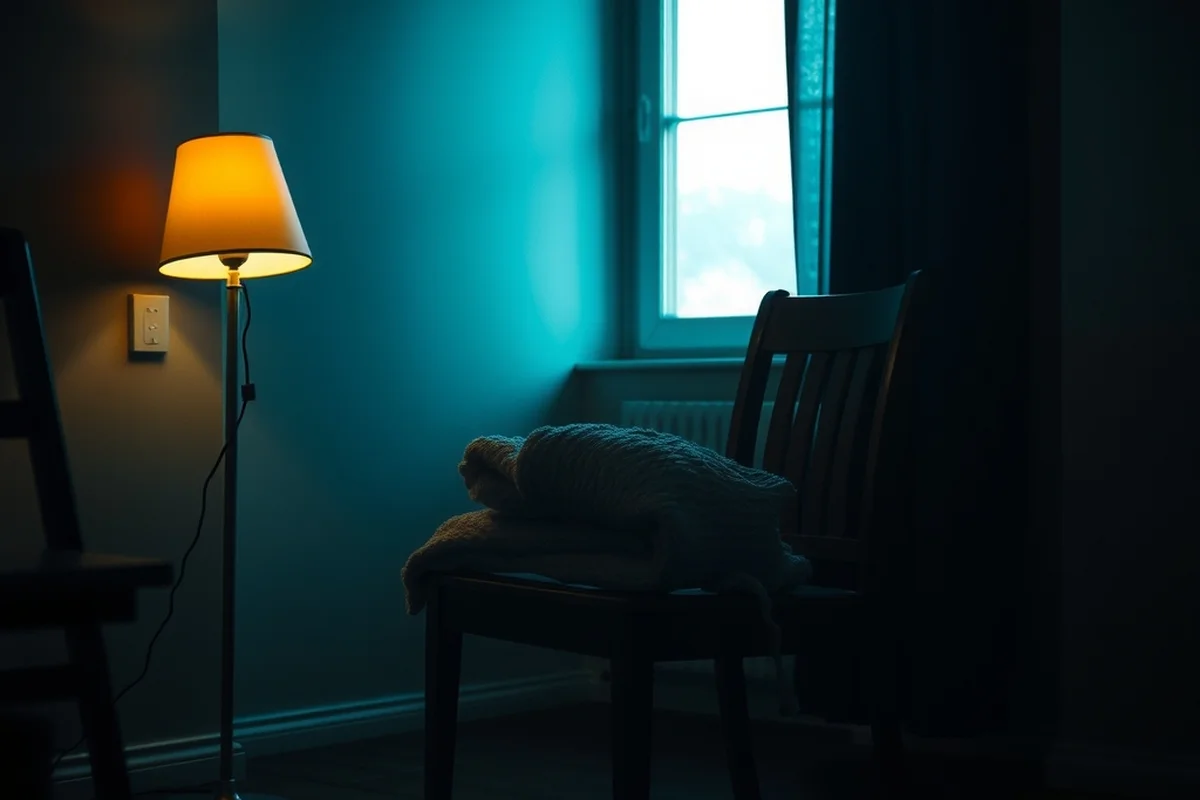 una sedia di legno vuota con una coperta di lana ripiegata sulla seduta in una stanza in penombra, una lampada accesa in un angolo proietta luce calda mentre il resto resta in ombra