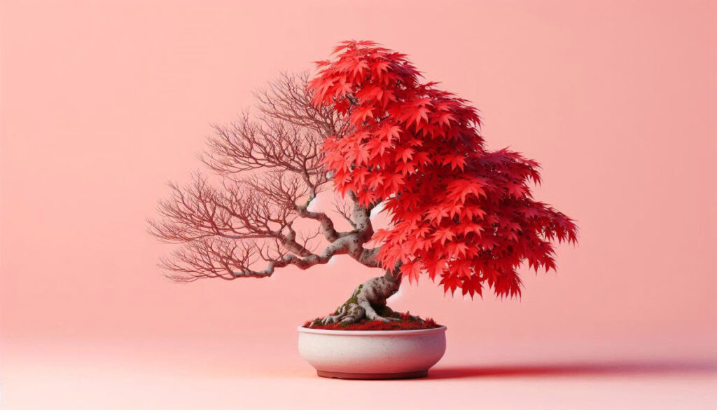 un bonsai d'acero rosso con rami secchi da un lato e pieni di foglie rigogliose dall'altro