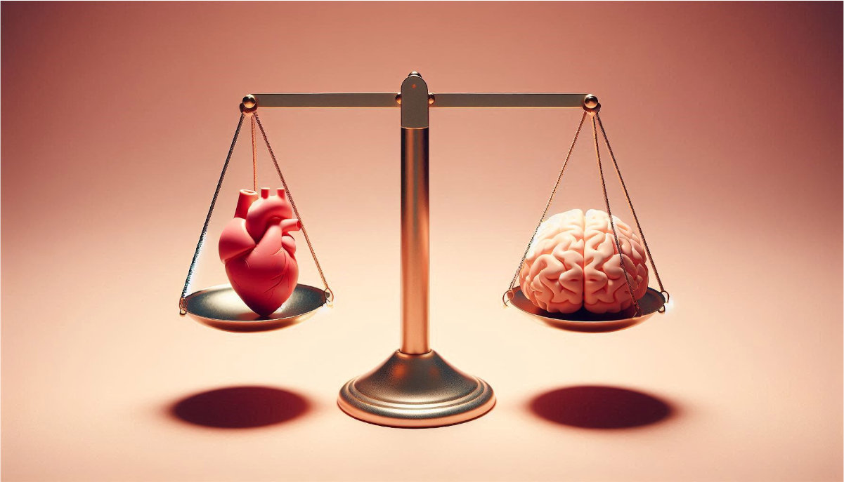 una bilancia con cuore e cervello perfettamente bilanciati e in equilibrio